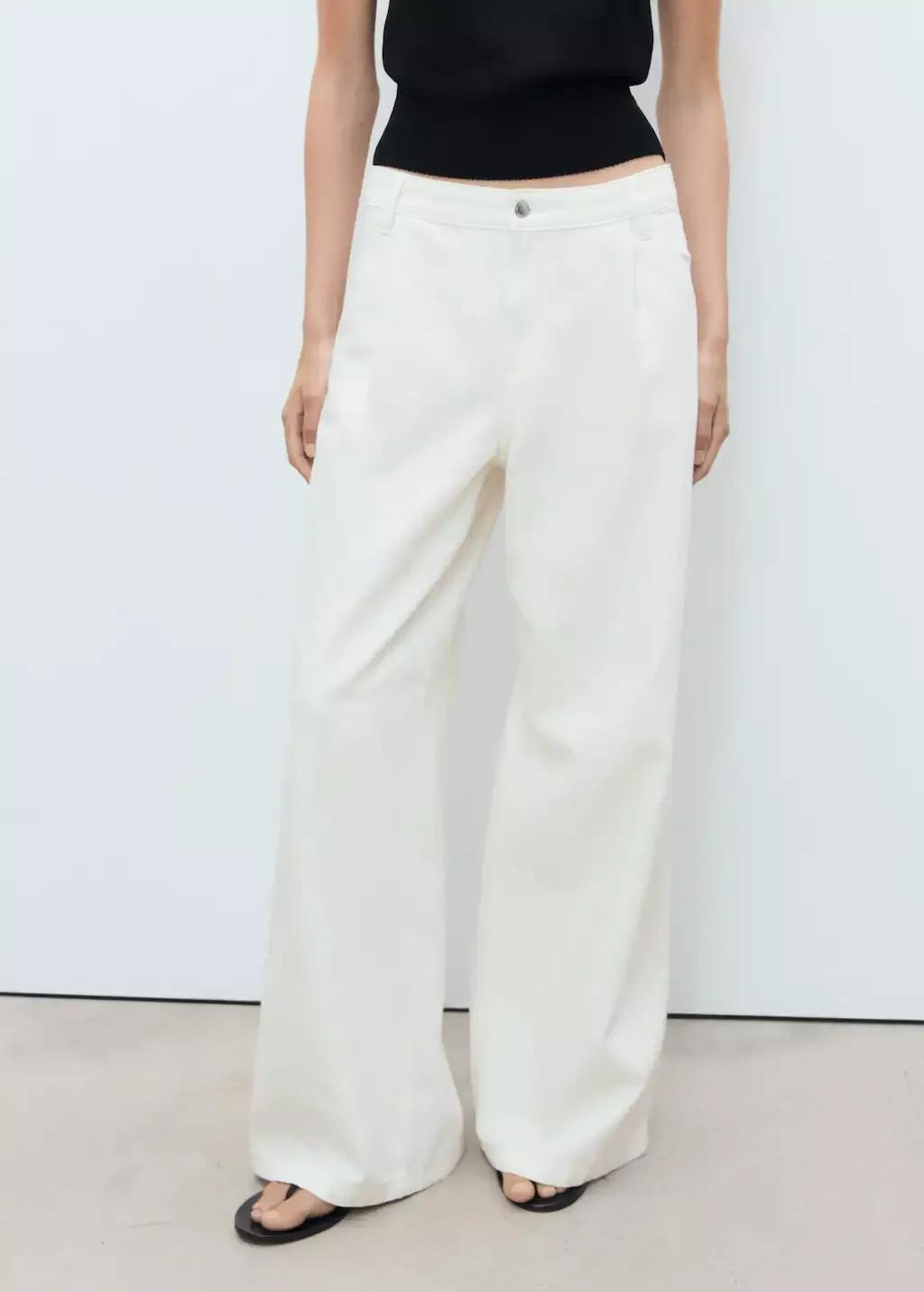 White Wide-Leg Pleated Jeans, , large image number 0