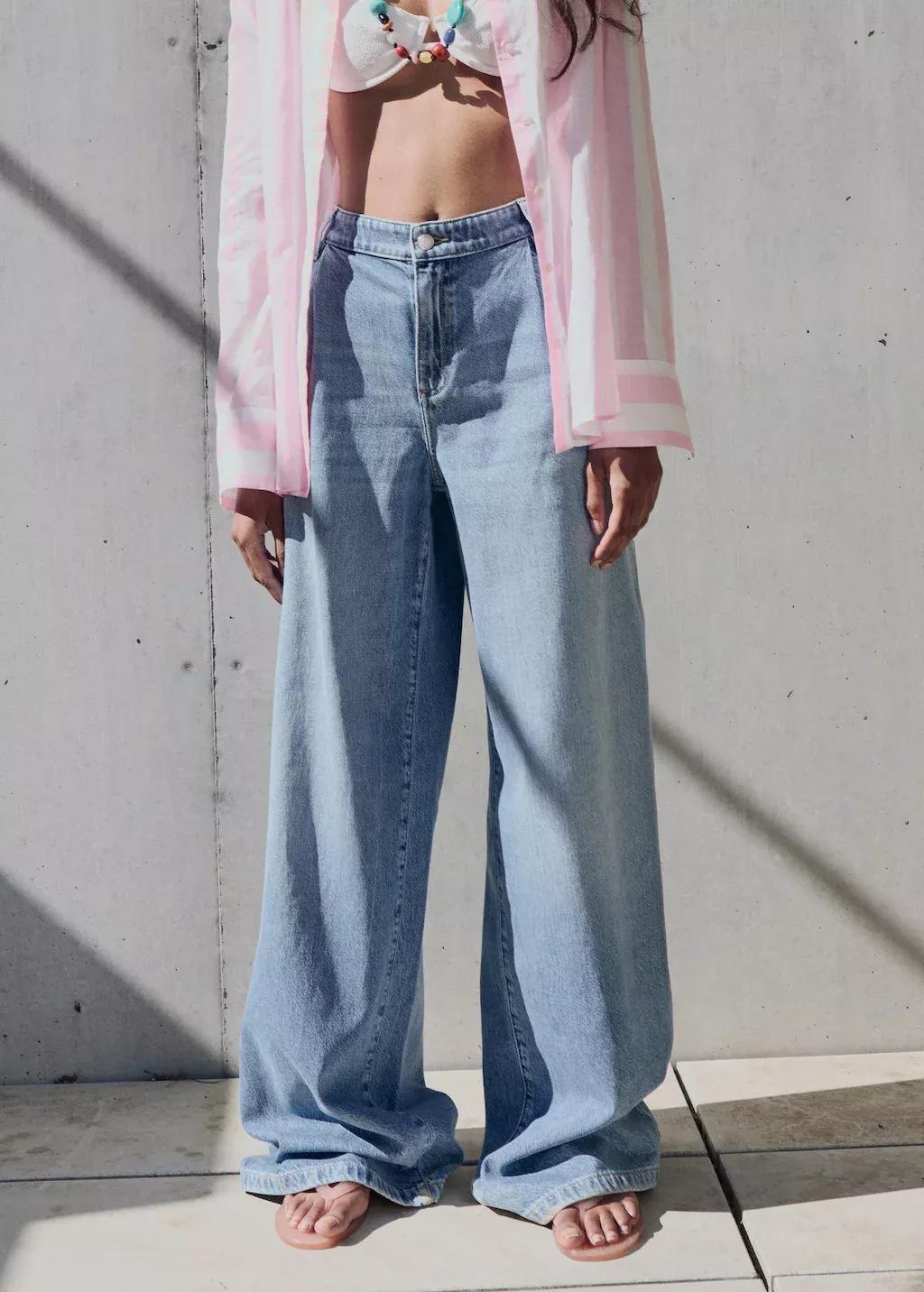 Blue Wide-Leg Pleated Jeans, , large image number 0