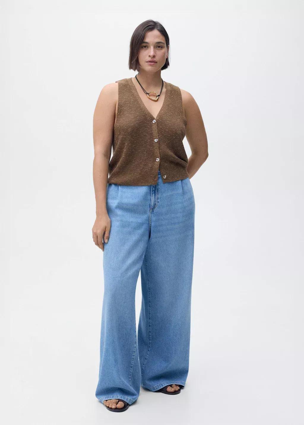 Blue Wide-Leg Pleated Jeans, , large image number 1