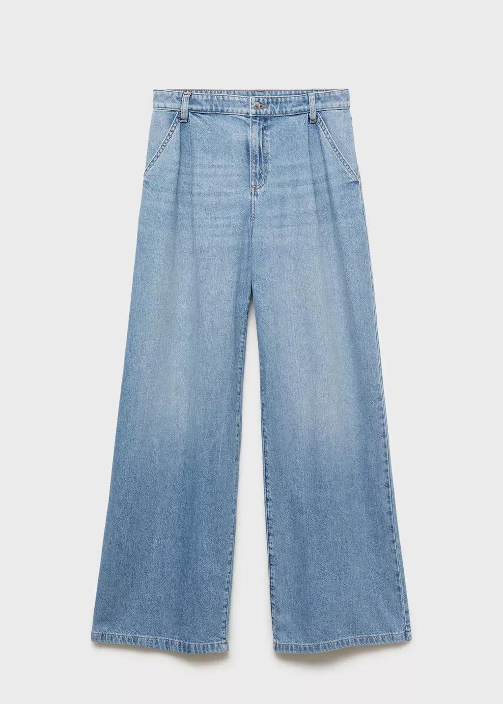 Blue Wide-Leg Pleated Jeans, , large image number 3