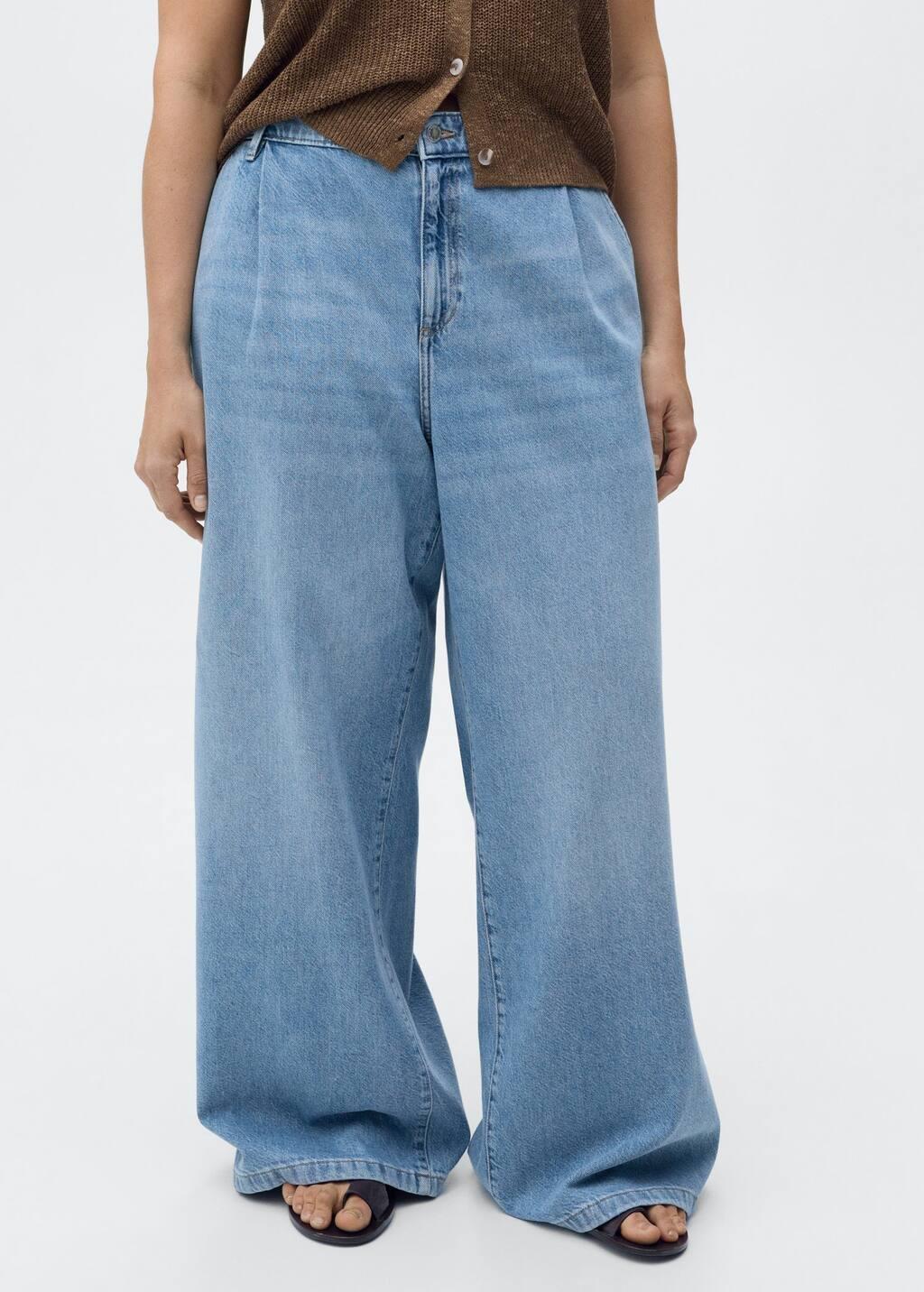 Blue Wide-Leg Pleated Jeans, , large image number 4