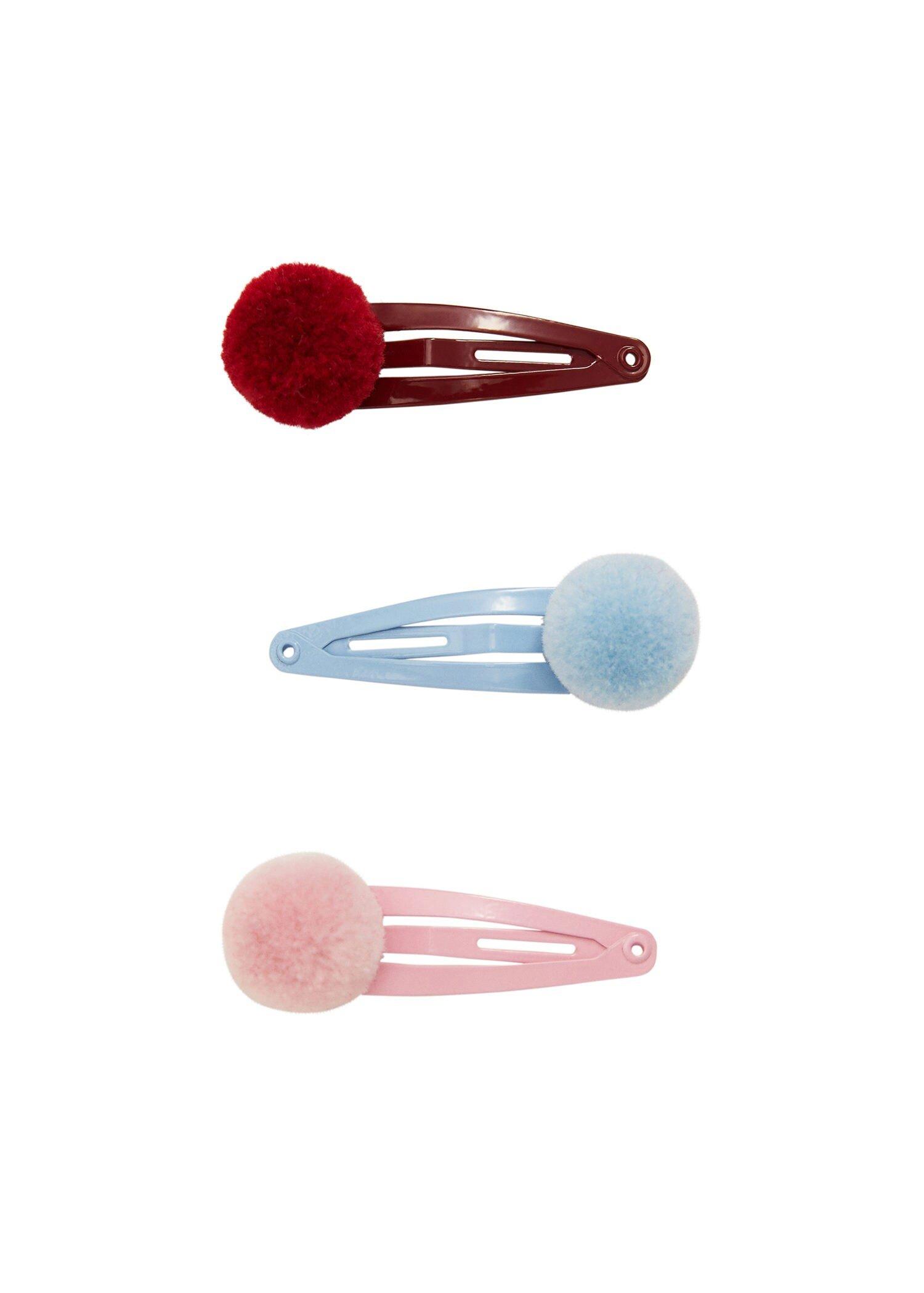 Dark Red 3 Pack Pom Pom Hairclips, Baby Girl, , large image number 0