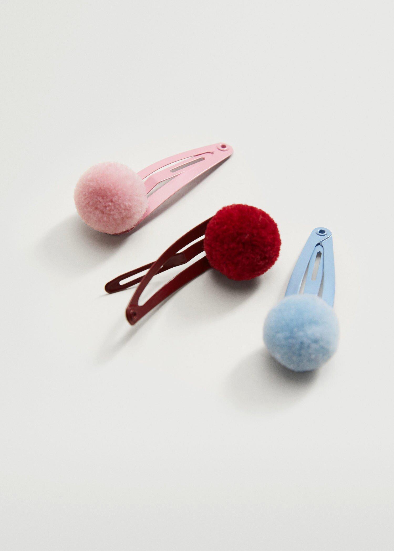 Dark Red 3 Pack Pom Pom Hairclips, Baby Girl, , large image number 1