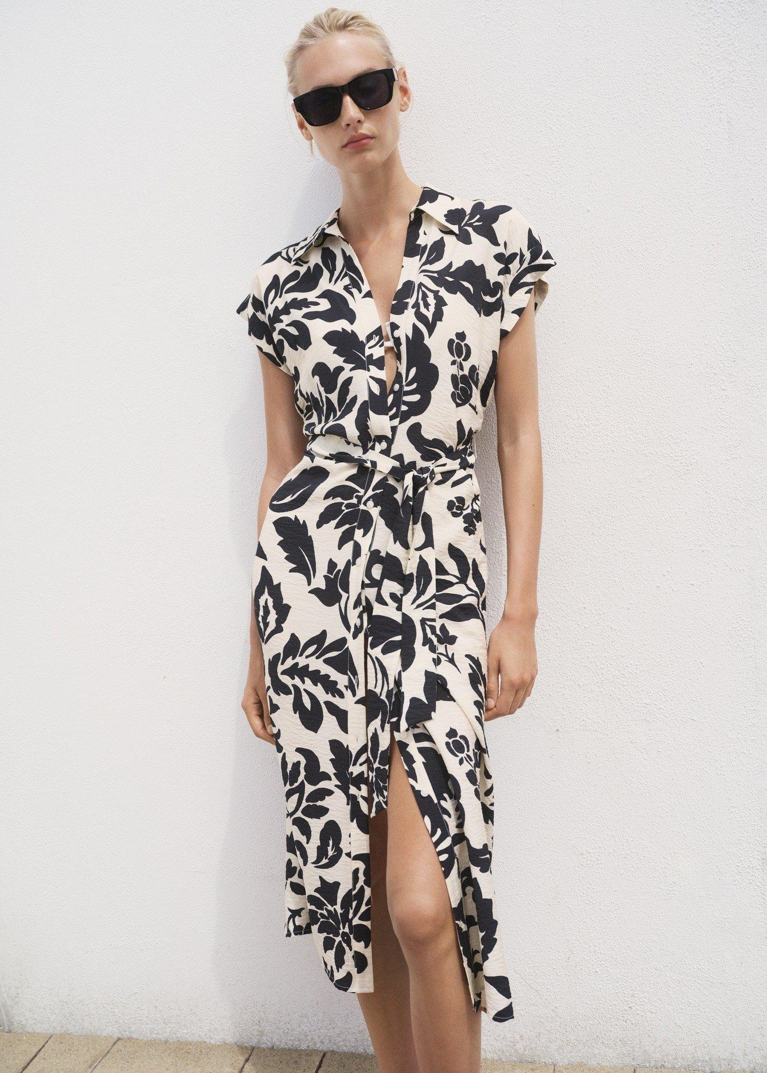 White Floral-Print Shirt-Style Dress, Natural White, medium