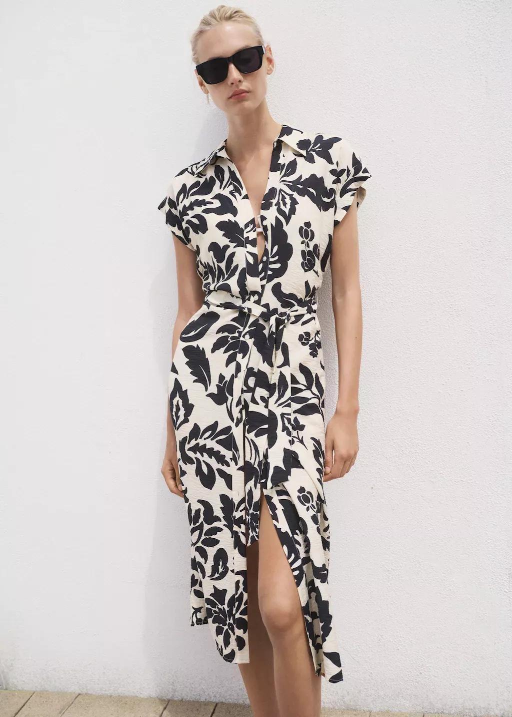 White Floral-Print Shirt-Style Dress, Natural White, medium