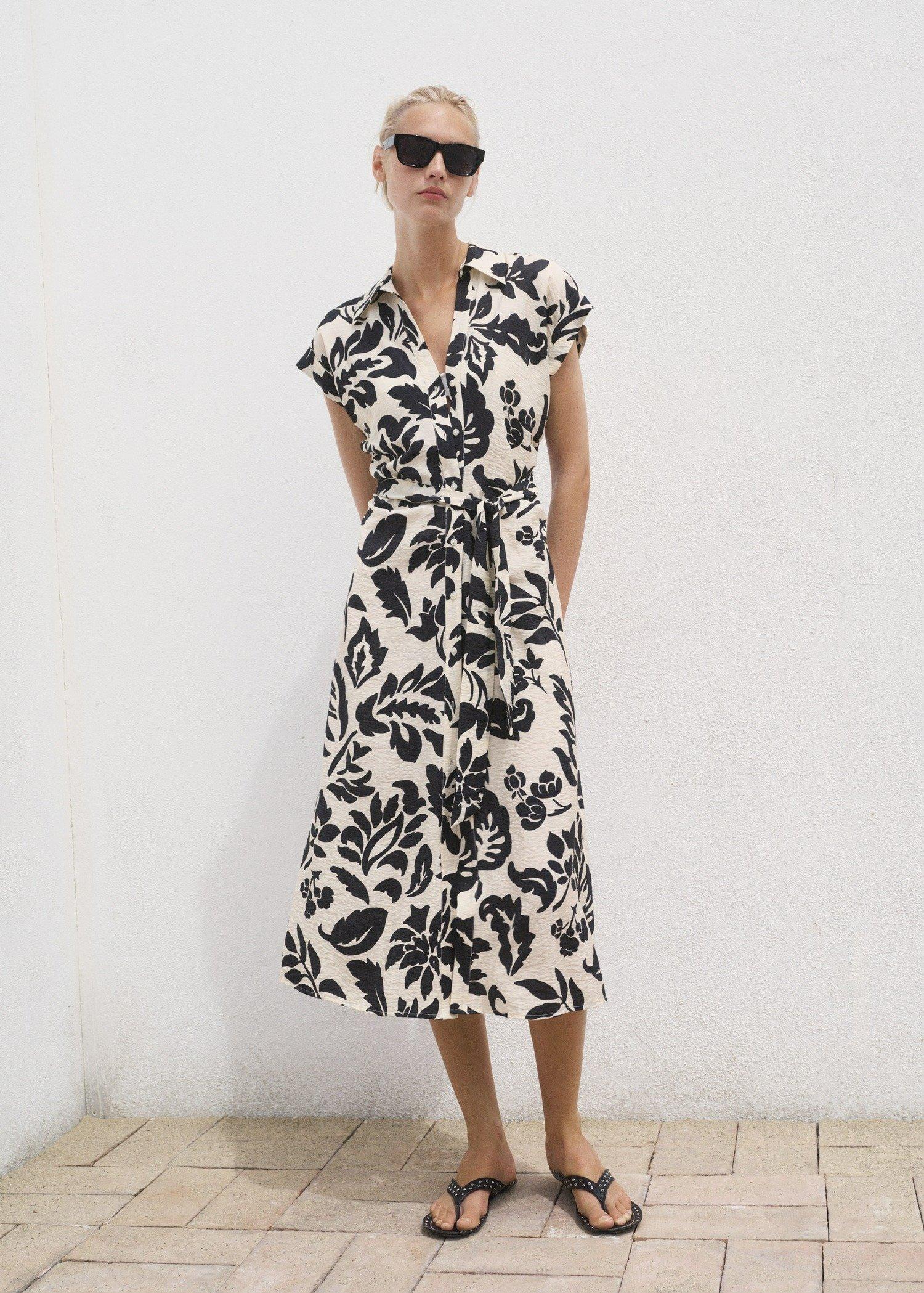 White Floral-Print Shirt-Style Dress, Natural White, medium