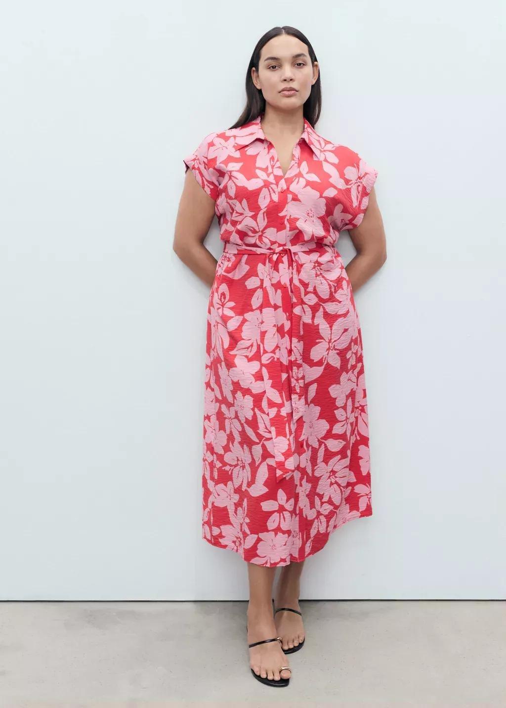 Pink Floral-Print Shirt-Style Dress, Bright Pink, large image number 5