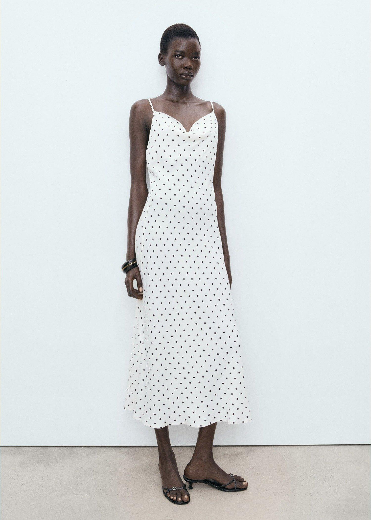 White Long Dress With Draped Neckline, Natural White, medium