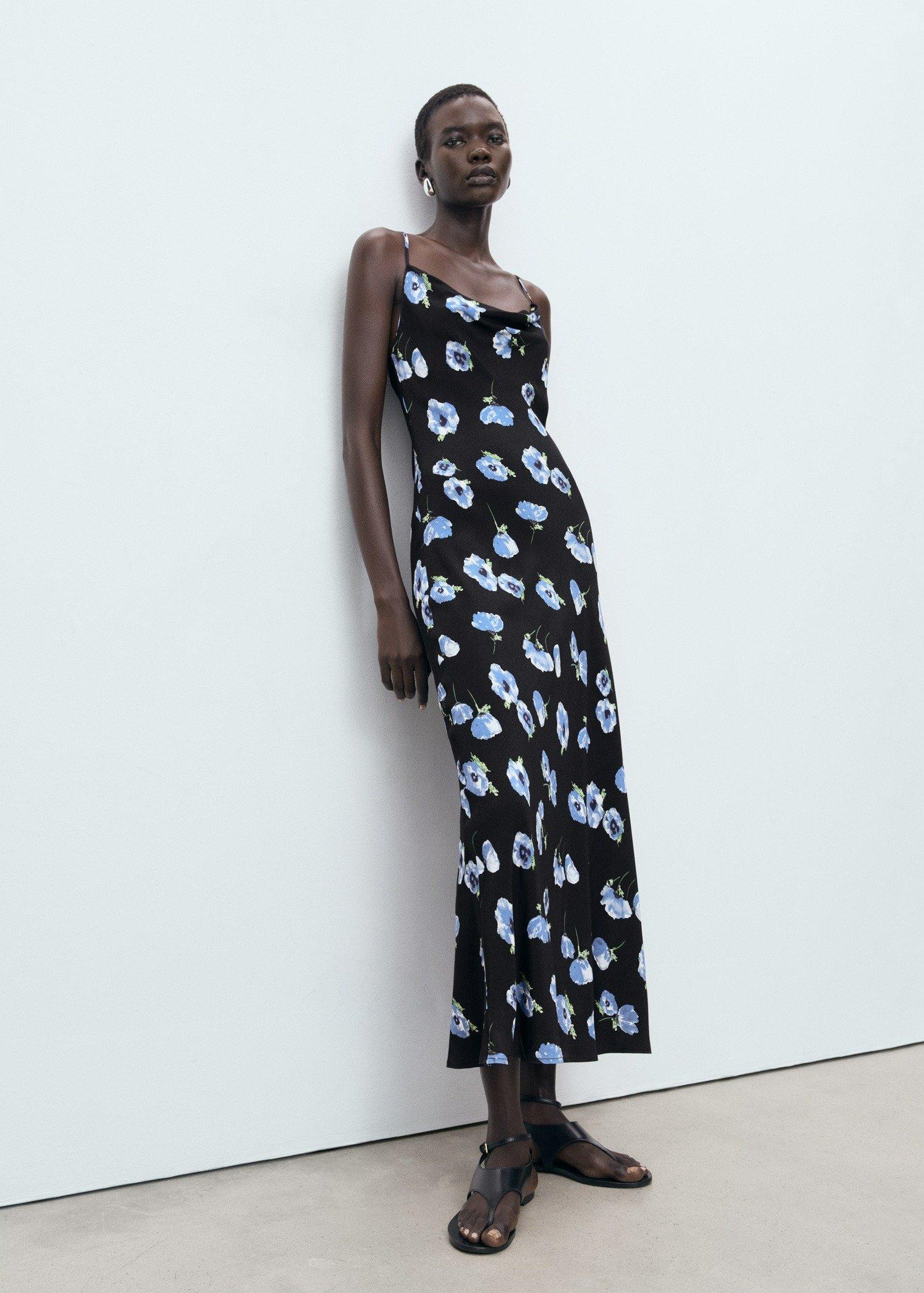 Black Long Dress With Draped Neckline, Black, large image number 0