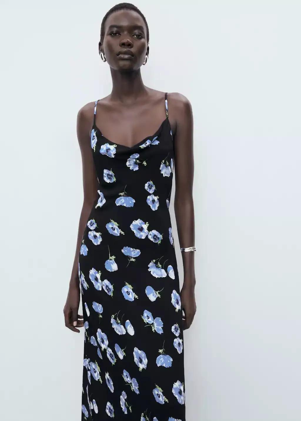 Black Long Dress With Draped Neckline, Black, large image number 1