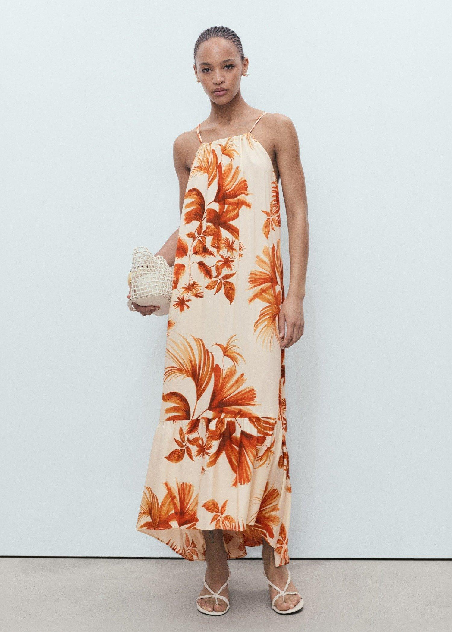 Brown Palm-Tree Print Halter Dress, 0201_30, large image number 0