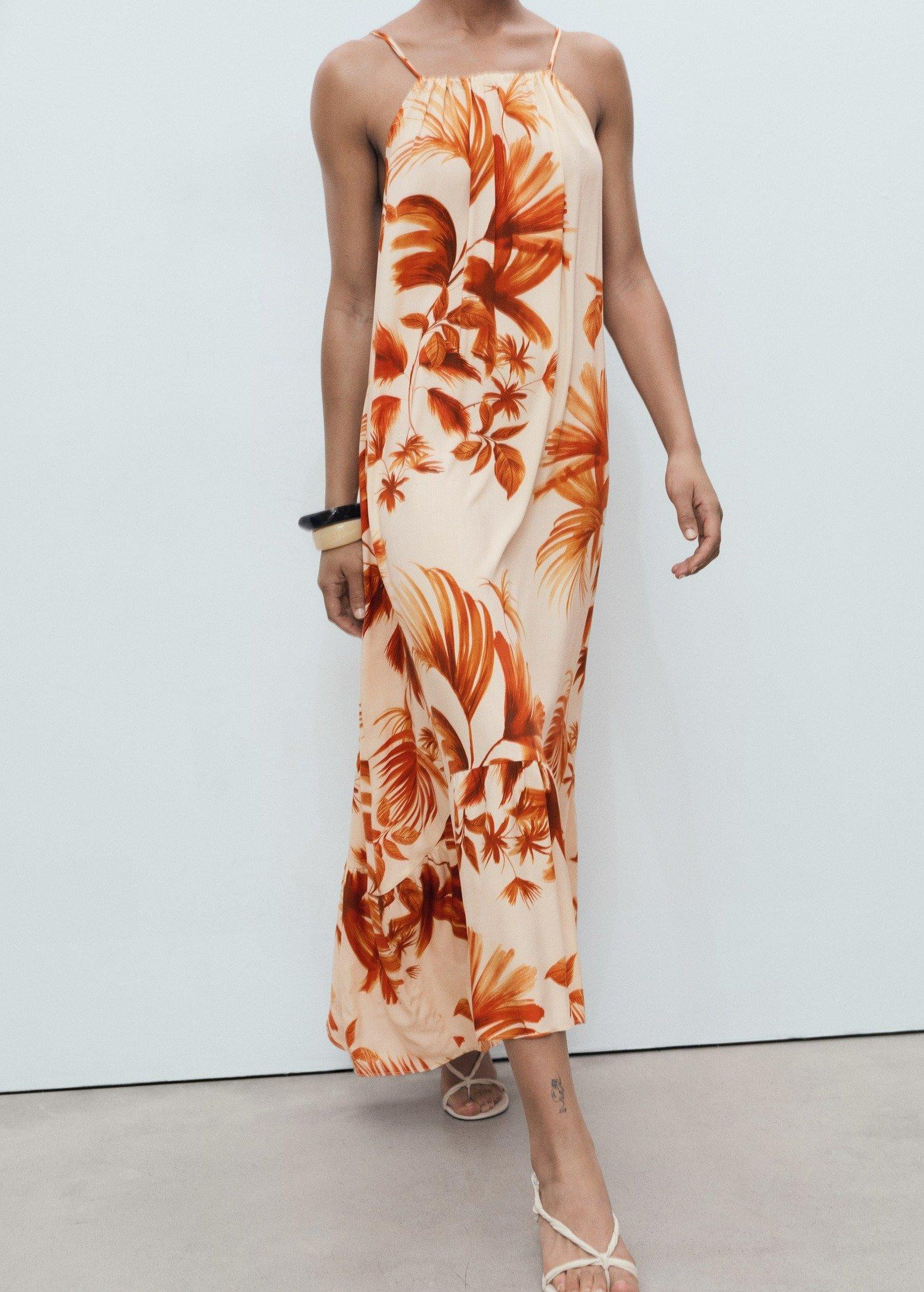 Brown Palm-Tree Print Halter Dress, 0201_30, large image number 2