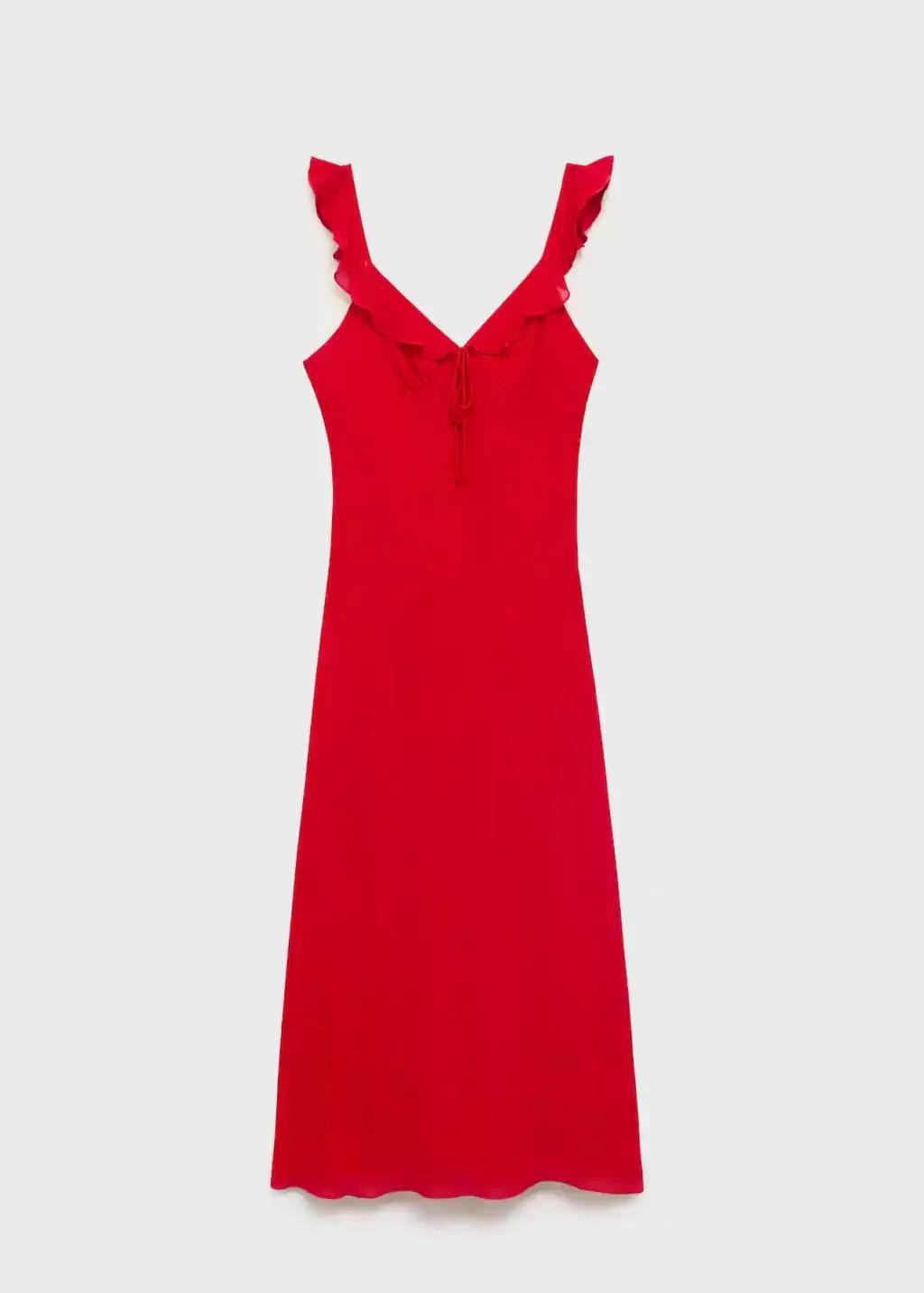 Red Midi-Dress With Ruffle Neckline, , large image number 0