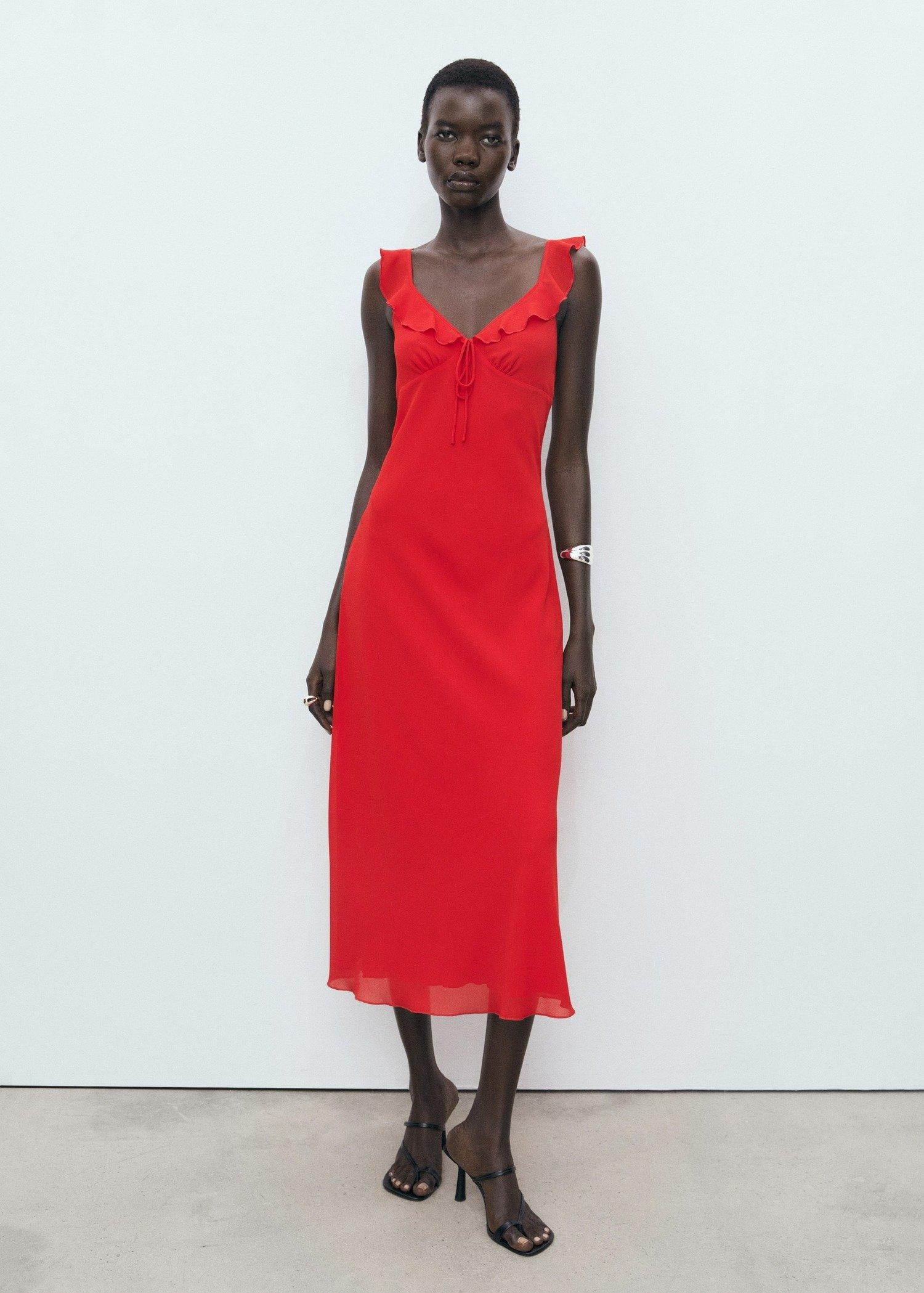 Red Midi-Dress With Ruffle Neckline, Red, large image number 2