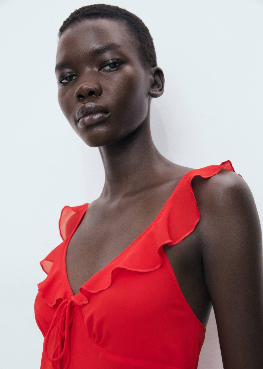 Red Midi-Dress With Ruffle Neckline, Red, large image number 3