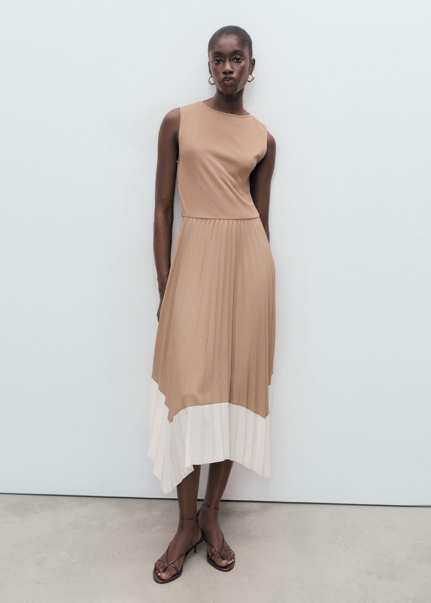 Beige Combined Pleated Dress, , large image number 0