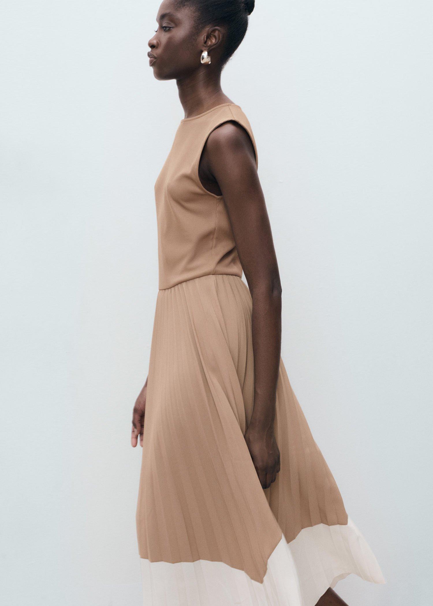 Beige Combined Pleated Dress, , large image number 6