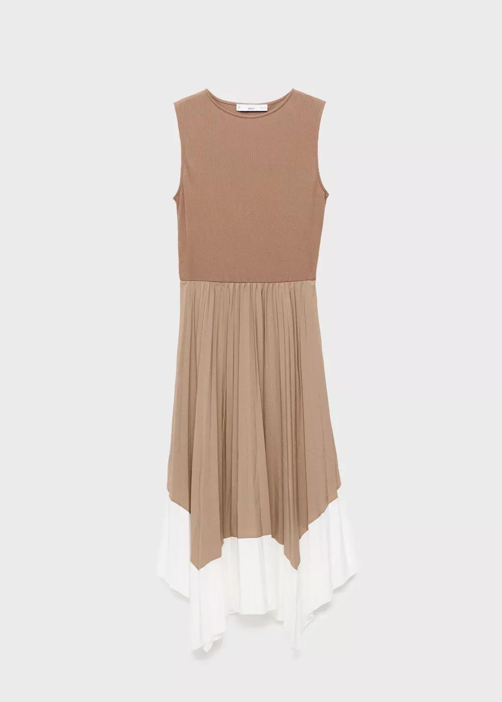 Beige Combined Pleated Dress, , large image number 7