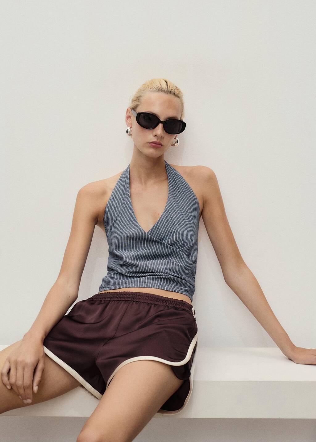 Blue Striped Crossover Denim Top, Medium Blue, large image number 2