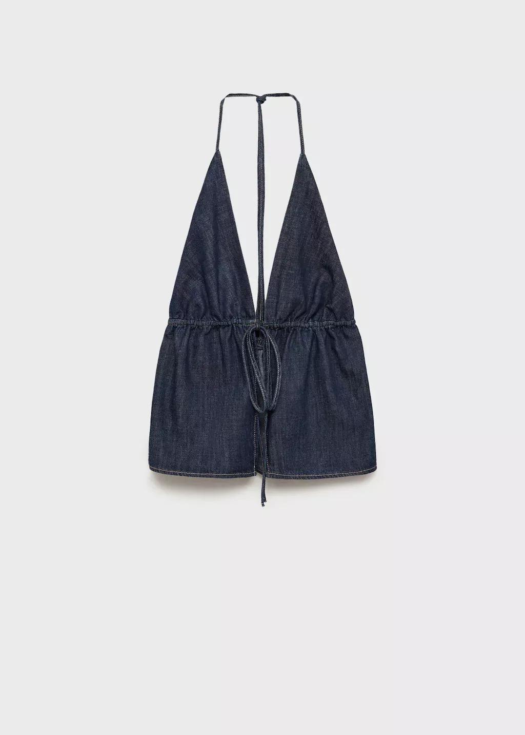 Blue V-Neck Denim Top With Bow, , large image number 0
