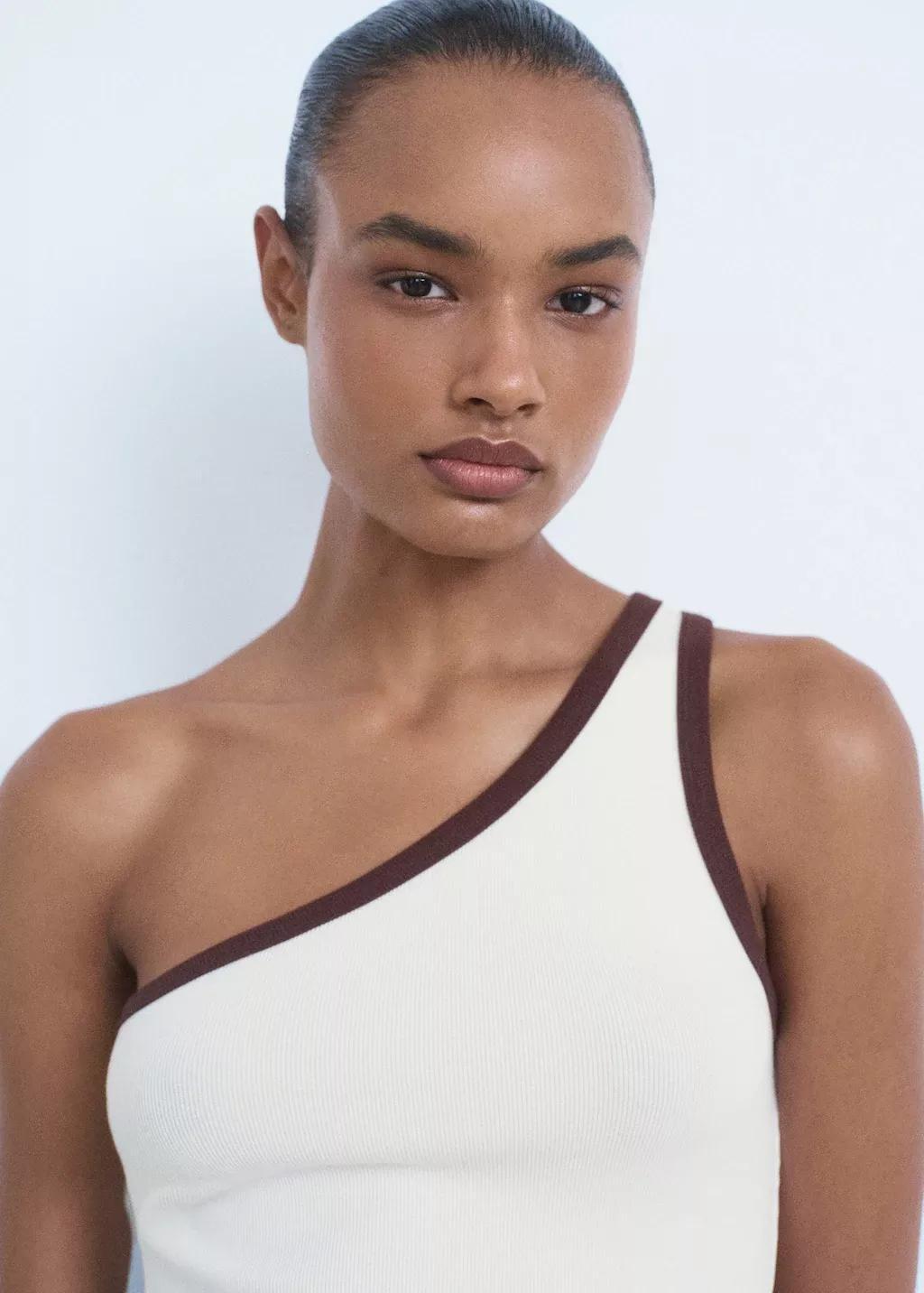 LIGHT BEIGE Asymmetrical top with contrasting trim, Light Beige, large image number 2