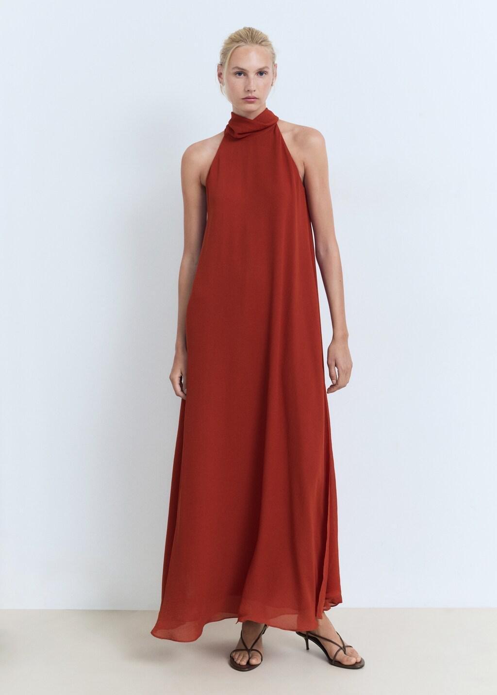Orange Long Dress With Bow Neck, Medium Orange, large image number 1