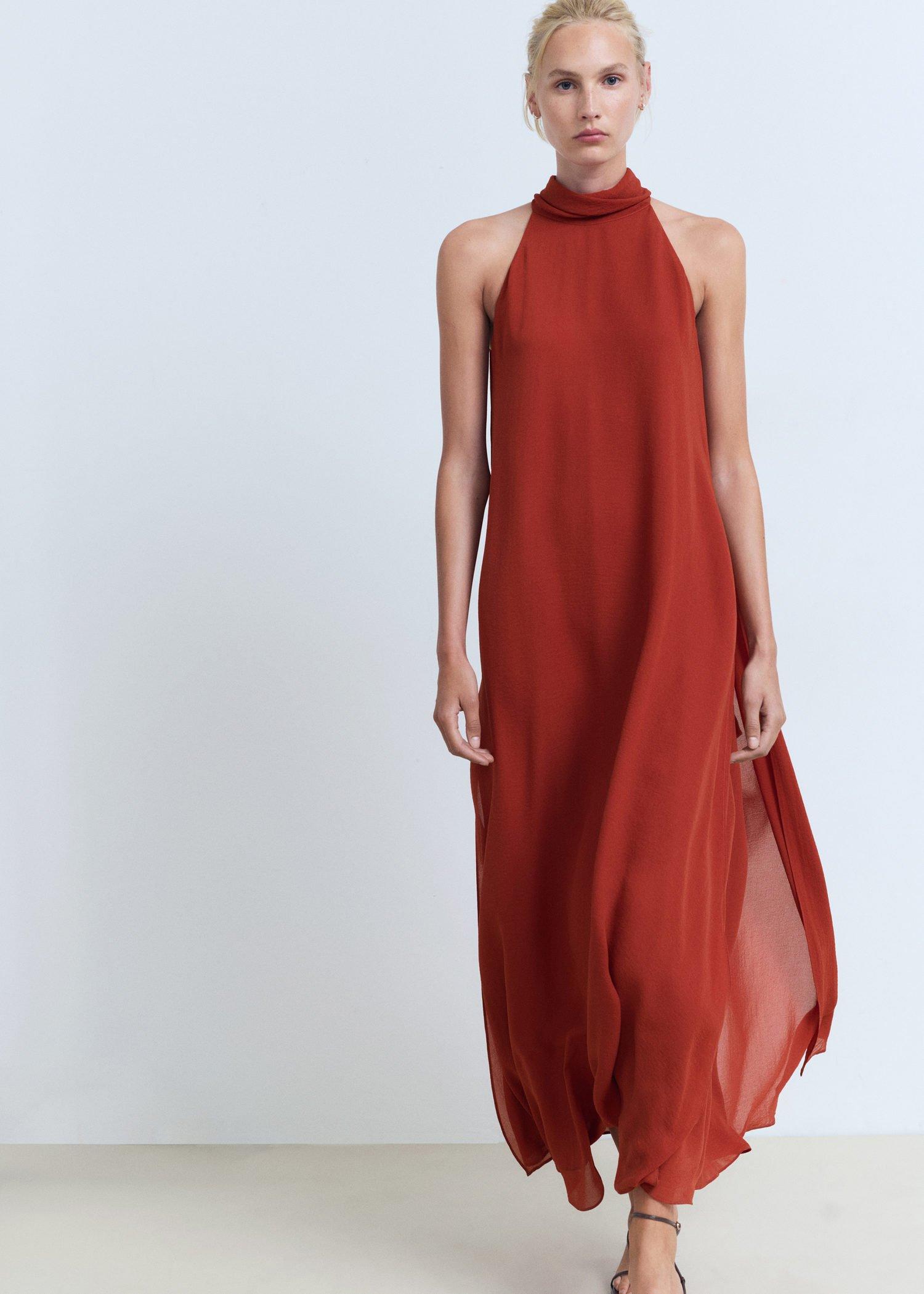 Orange Long Dress With Bow Neck, Medium Orange, large image number 2