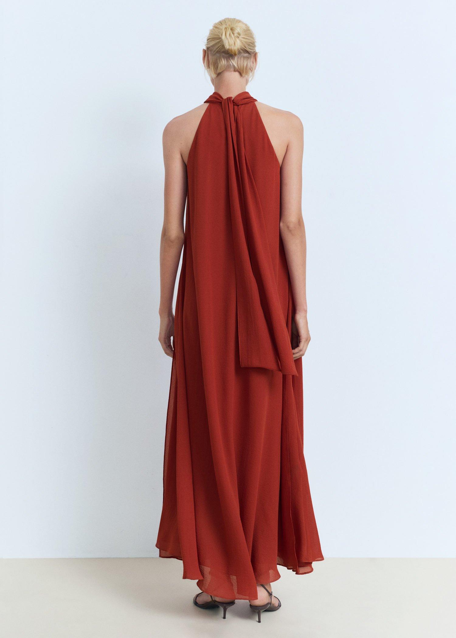 Orange Long Dress With Bow Neck, Medium Orange, large image number 4