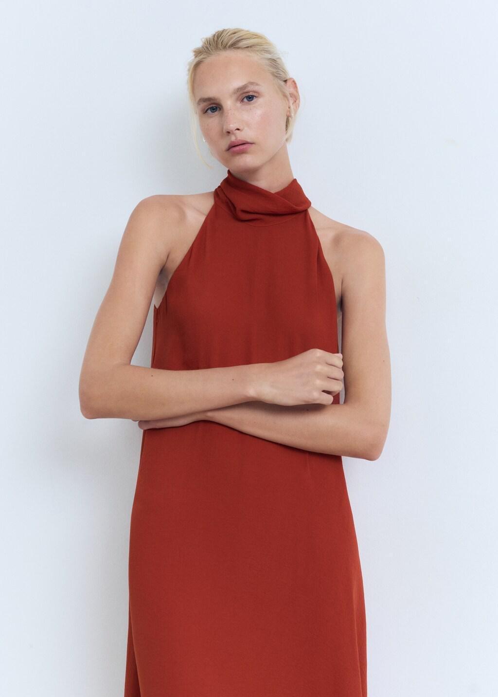 Orange Long Dress With Bow Neck, Medium Orange, large image number 7