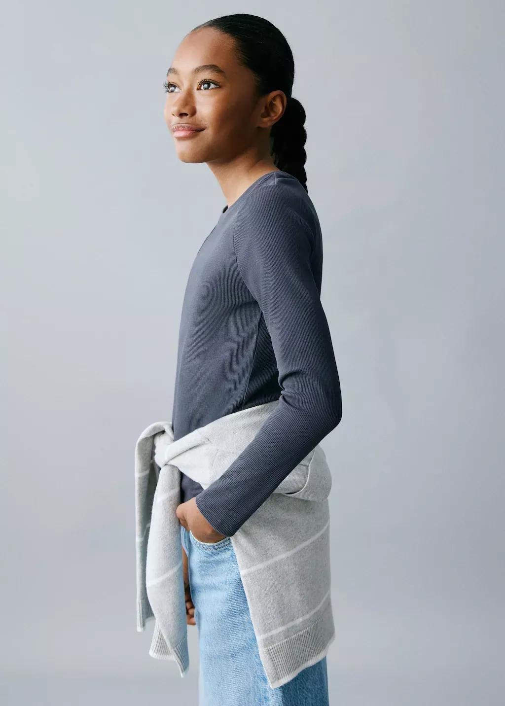 Blue Ribbed Long-Sleeved T-Shirt, Kids Girl, , medium
