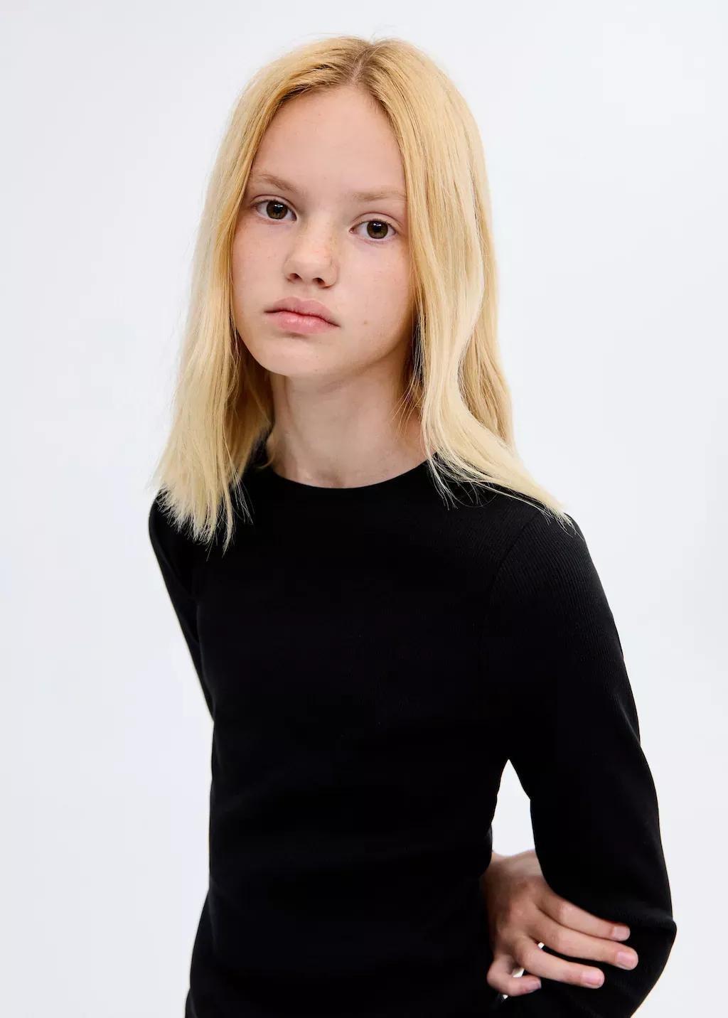 Black Ribbed Long-Sleeved T-Shirt, Kids Girl, , medium