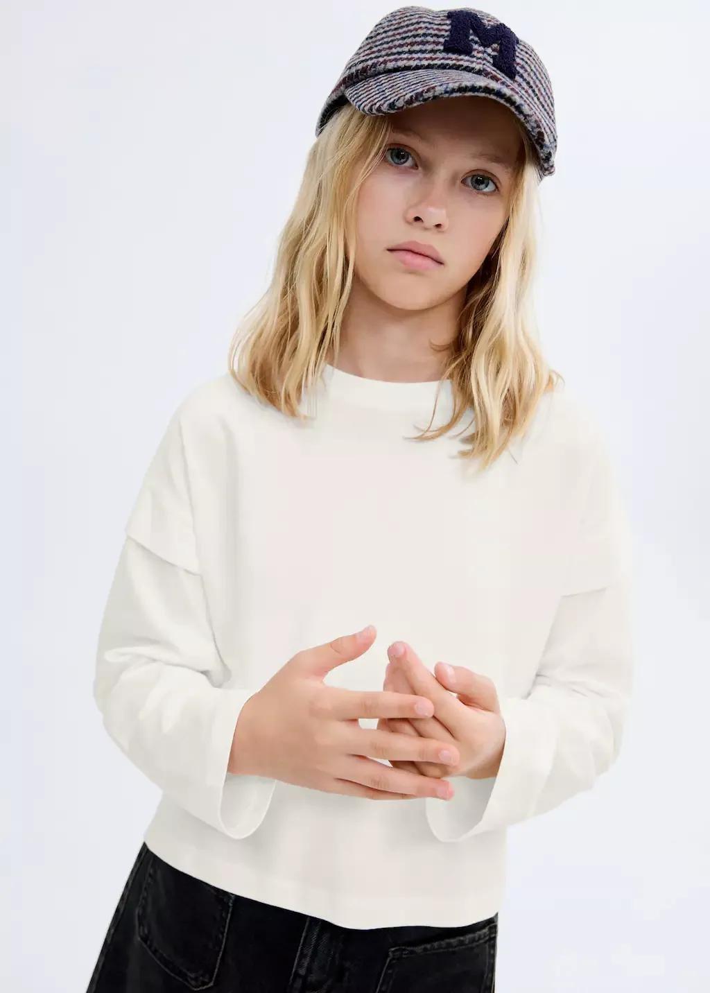 White Sleeve Detail T-Shirt, Kids Girl, Natural White, large image number 0