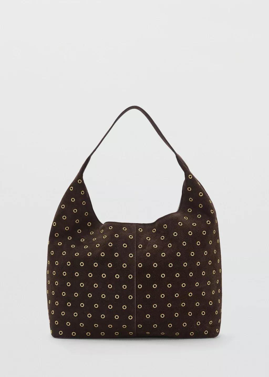 Brown Suede Shopper Bag With Eyelets, Dark Brown, large image number 3