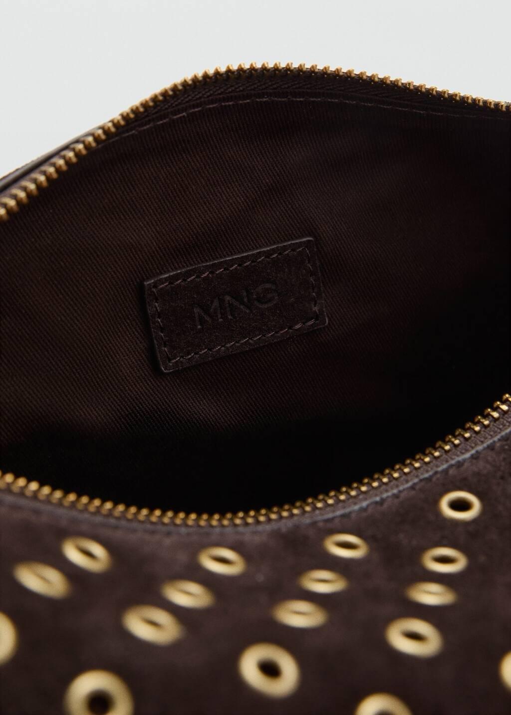 Brown Suede Shoulder Bag With Eyelets, Dark Brown, large image number 4