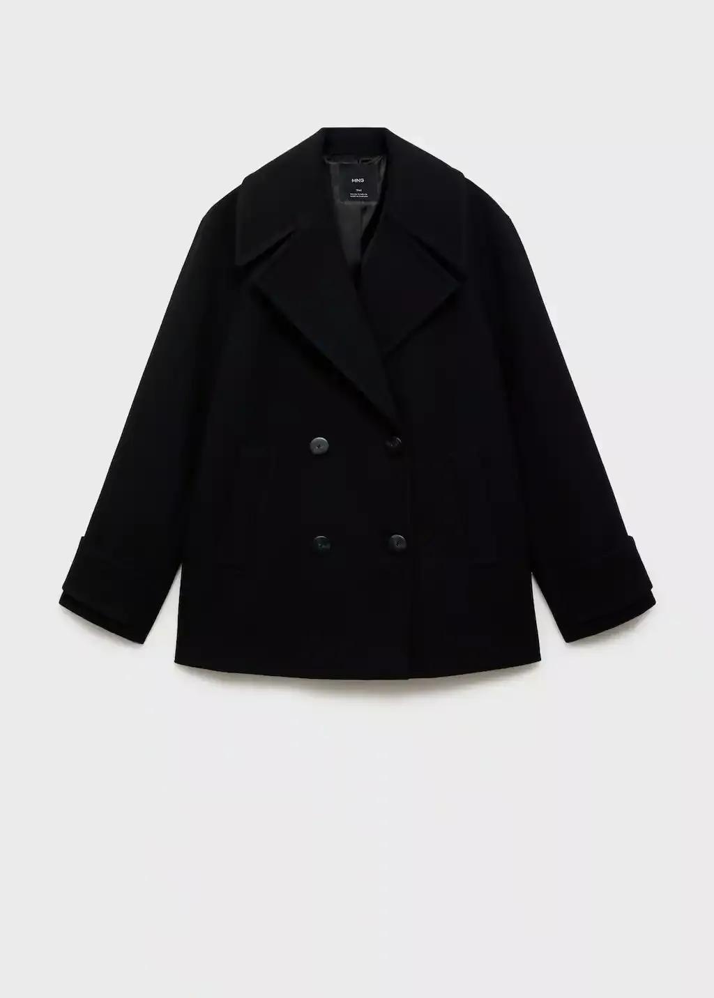 Black Double-Breasted Wool-Blend Coat, , large image number 0