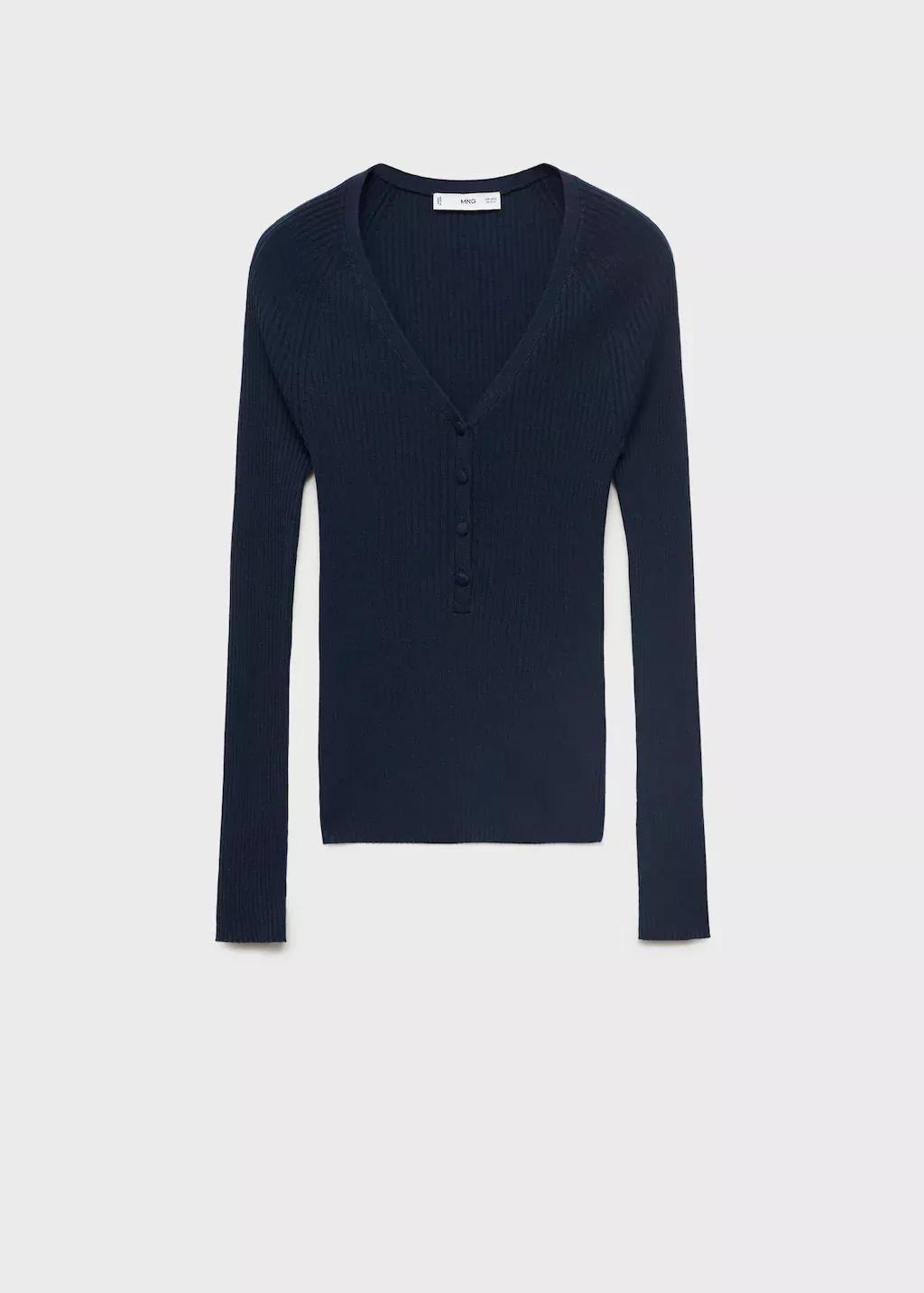 Navy V-Neck Ribbed Knit Sweater, Navy, medium