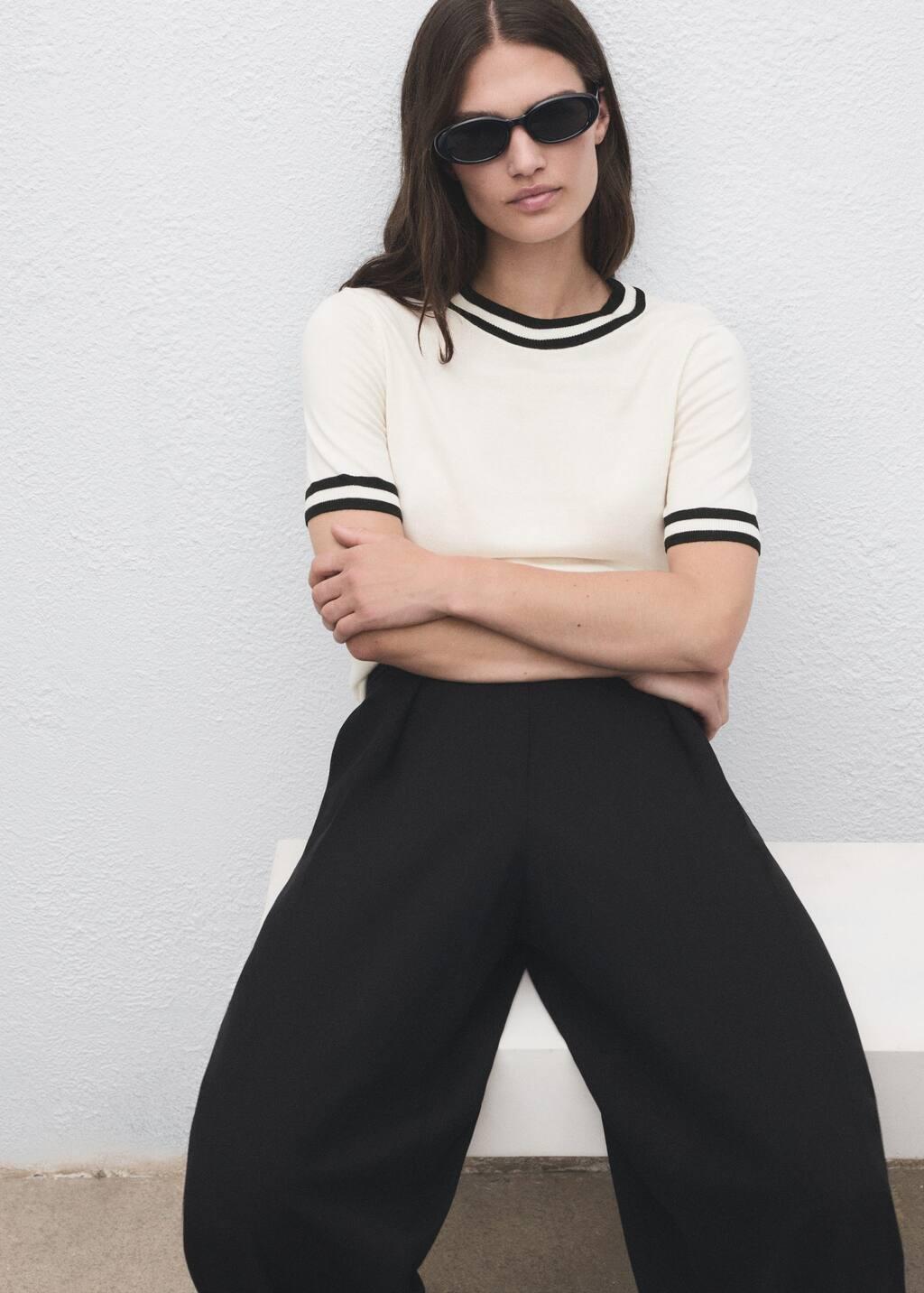 Beige Short-Sleeved Sweater With Contrasting Stripes, , large image number 1