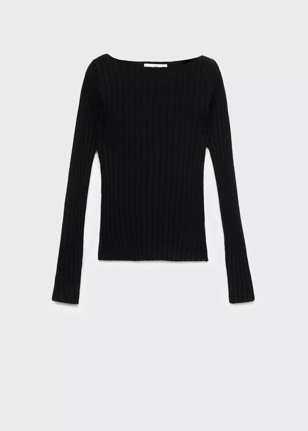 Black Boat Neck Ribbed Sweater, Black, medium