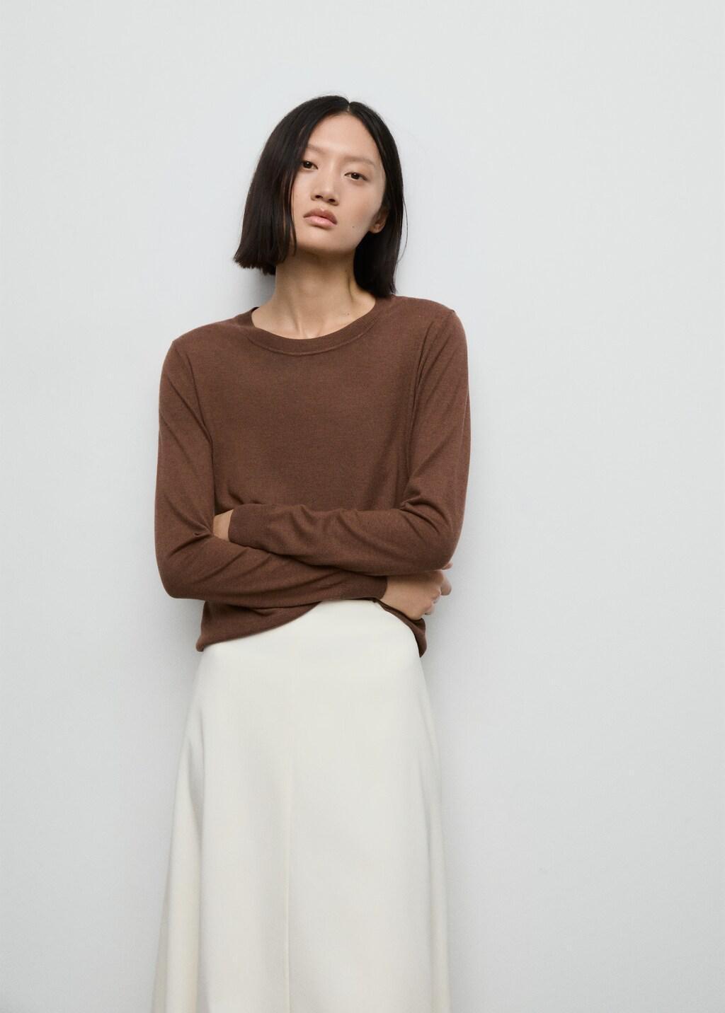 Brown Fine-Knit Crew-Neck Sweater, Medium Brown, large image number 3