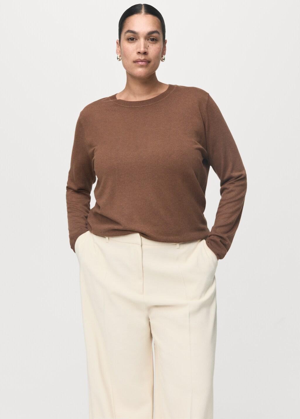 Brown Fine-Knit Crew-Neck Sweater, Medium Brown, large image number 6