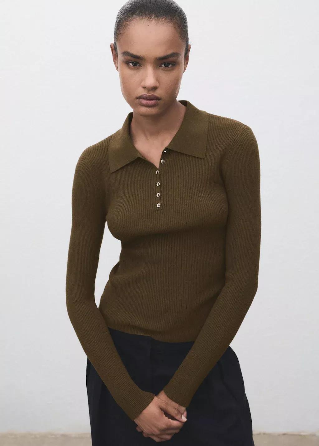 Khaki Polo-Neck Ribbed Sweater, , medium