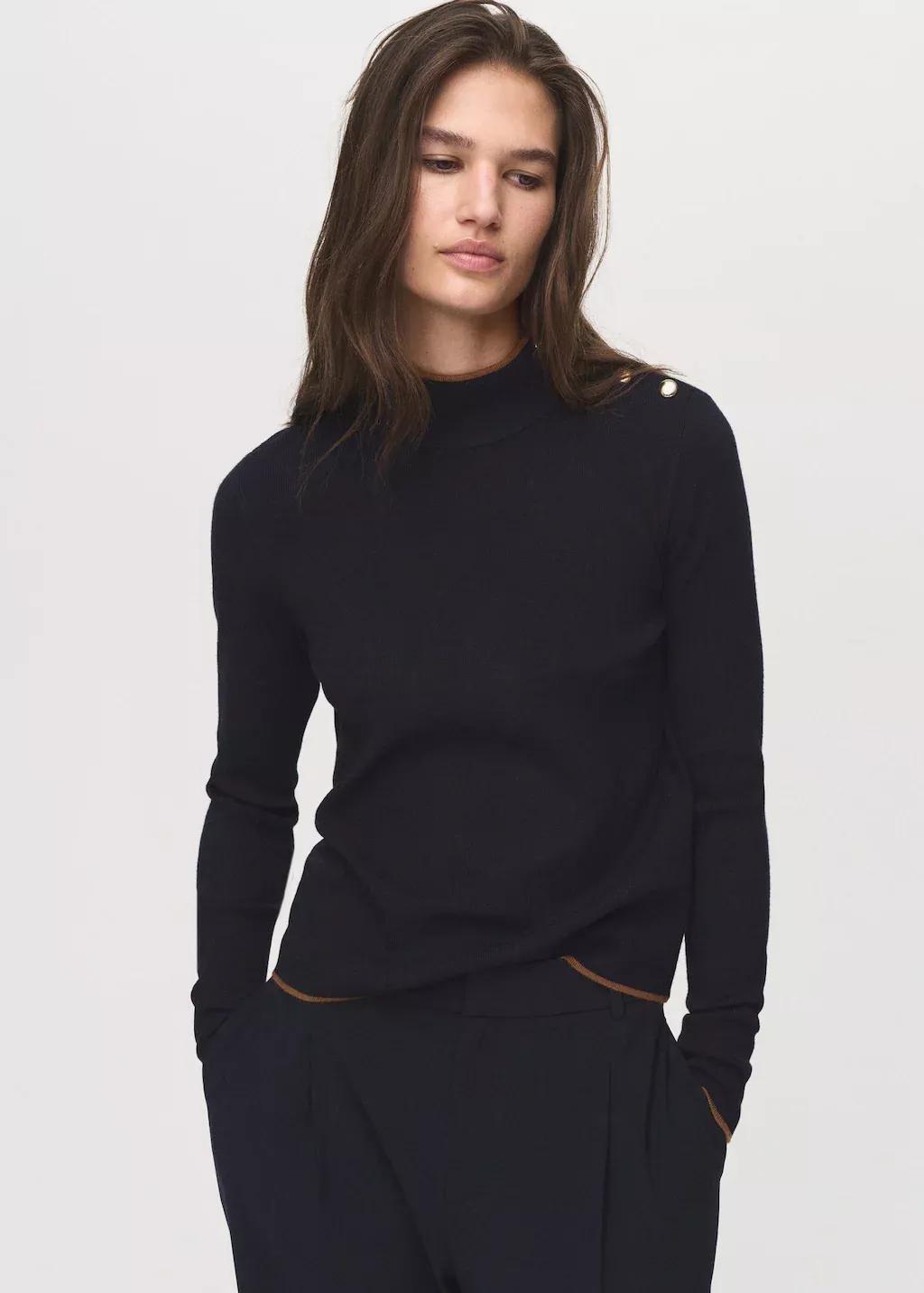 Navy Perkins-Neck Sweater With Button, , large image number 0