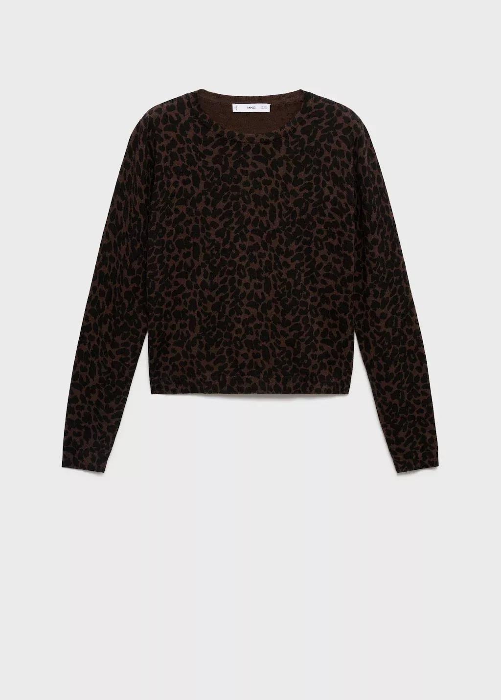 Brown Leopard Print Ribbed Sweater, Dark Brown, large image number 0