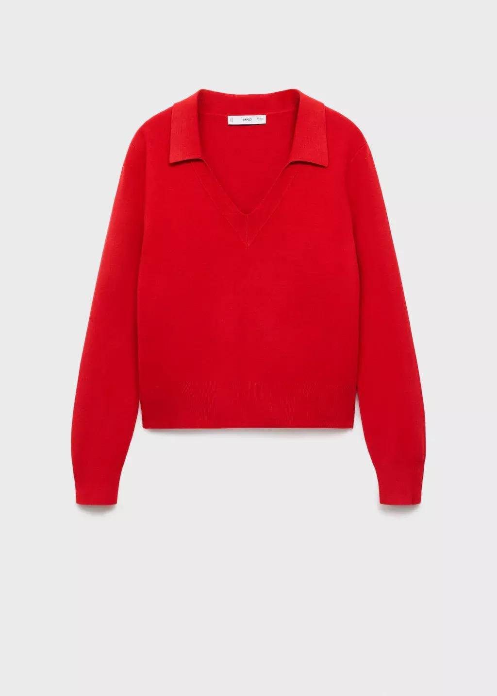 Red Fine-Knit V-Neck Sweater, Red, medium