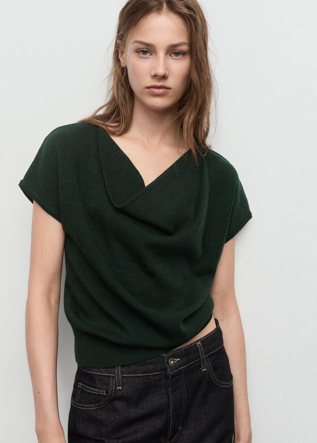 Green Short-Sleeved Top With Draped Neckline, Dark Green, large image number 3