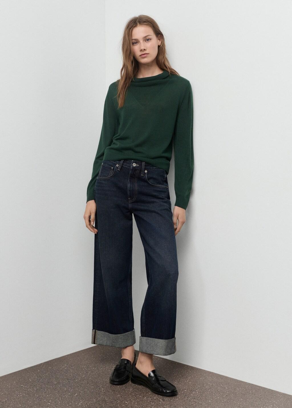 Green Knitted Sweater With Draped Neck, Dark Green, medium