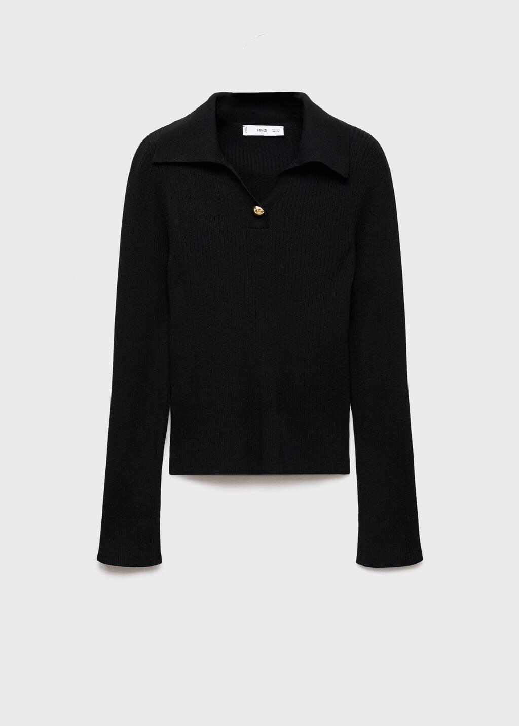 Black Ribbed Sweater With Jewel Button, Black, large image number 0