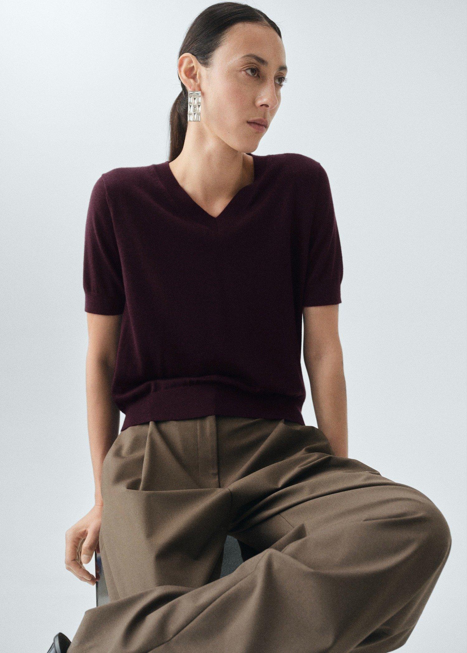 Burgundy Wool V-Neck Sweater, Dark Red, large image number 4