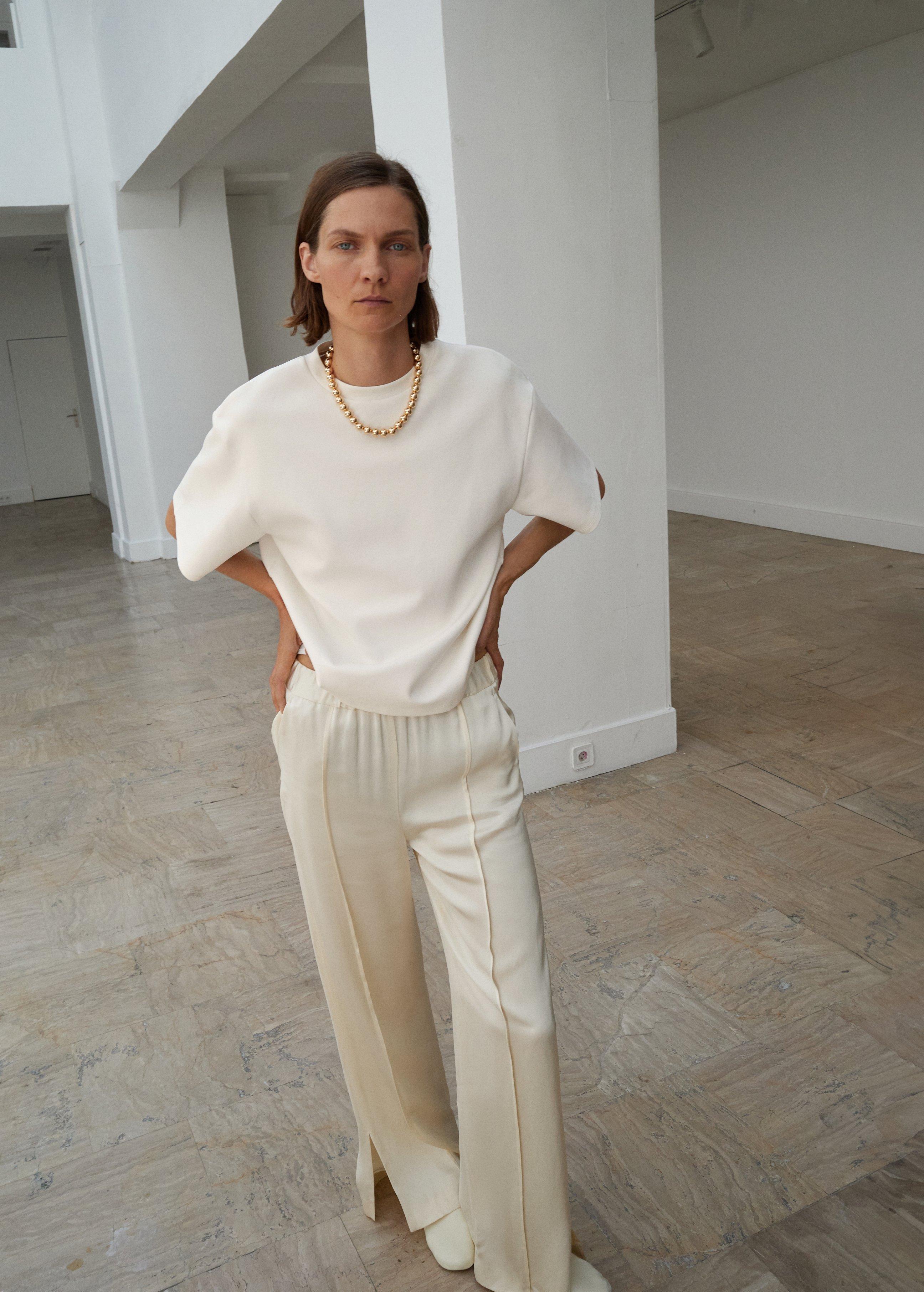 White Satin Trousers With Side Openings, Yellow, large image number 1