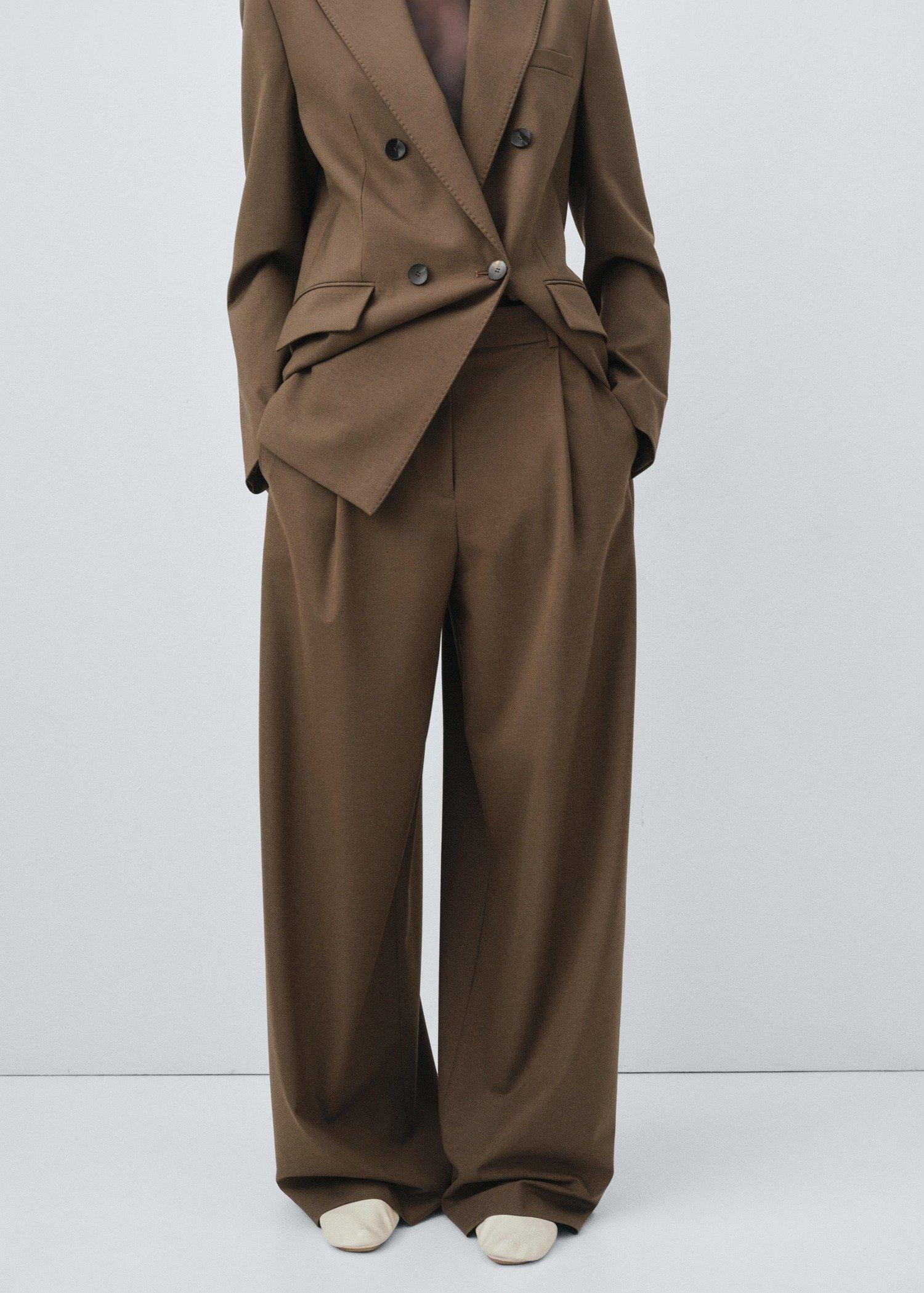 Brown Straight-Cut Suit Trousers With Pleats, Medium Brown, medium